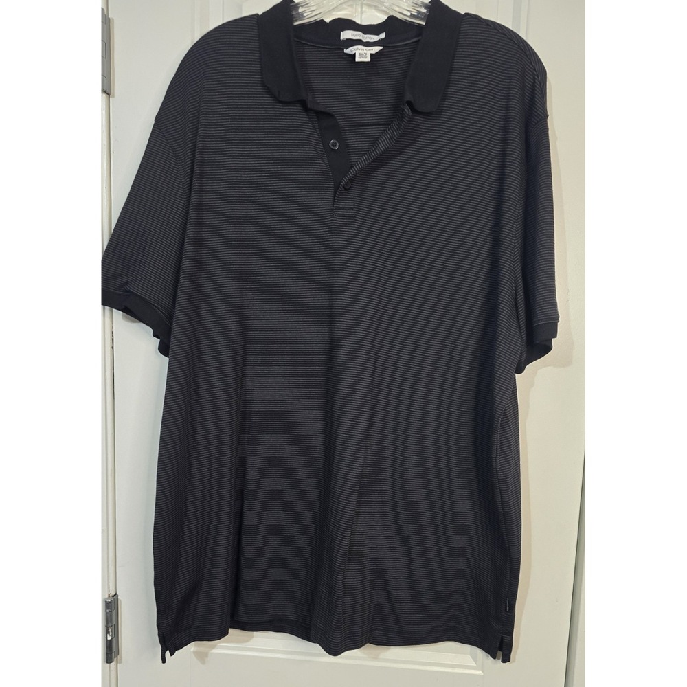 Calvin Klein Liquid Cotton Polo Shirt XL Black Gray Micro Stripe Short Sleeve